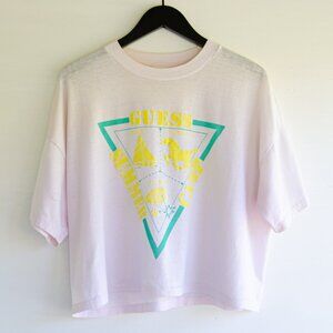 Vintage 80s Guess Jeans Summer Camp Crop Pink TShirt ONE SZ Puff Print Brat USA